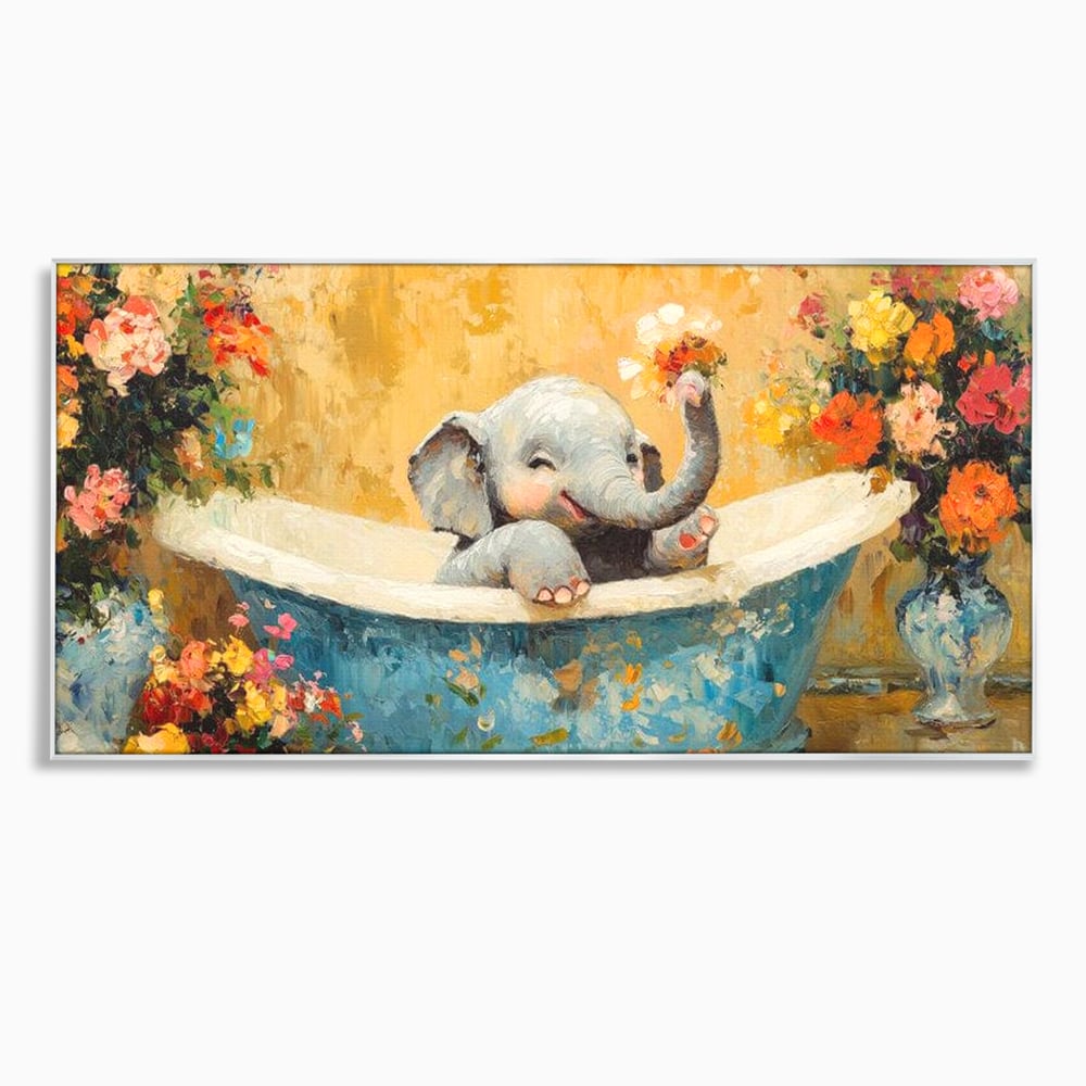 Tablou canvas cu tablou canvas cu pui de elefant in cada, in rama de aluminiu argintiu